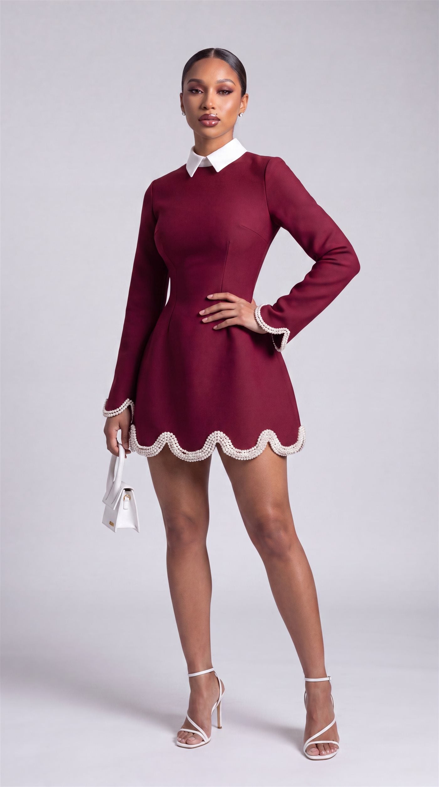 Zarrelah campaign — burgundy pearl hem dress, three-quarter view