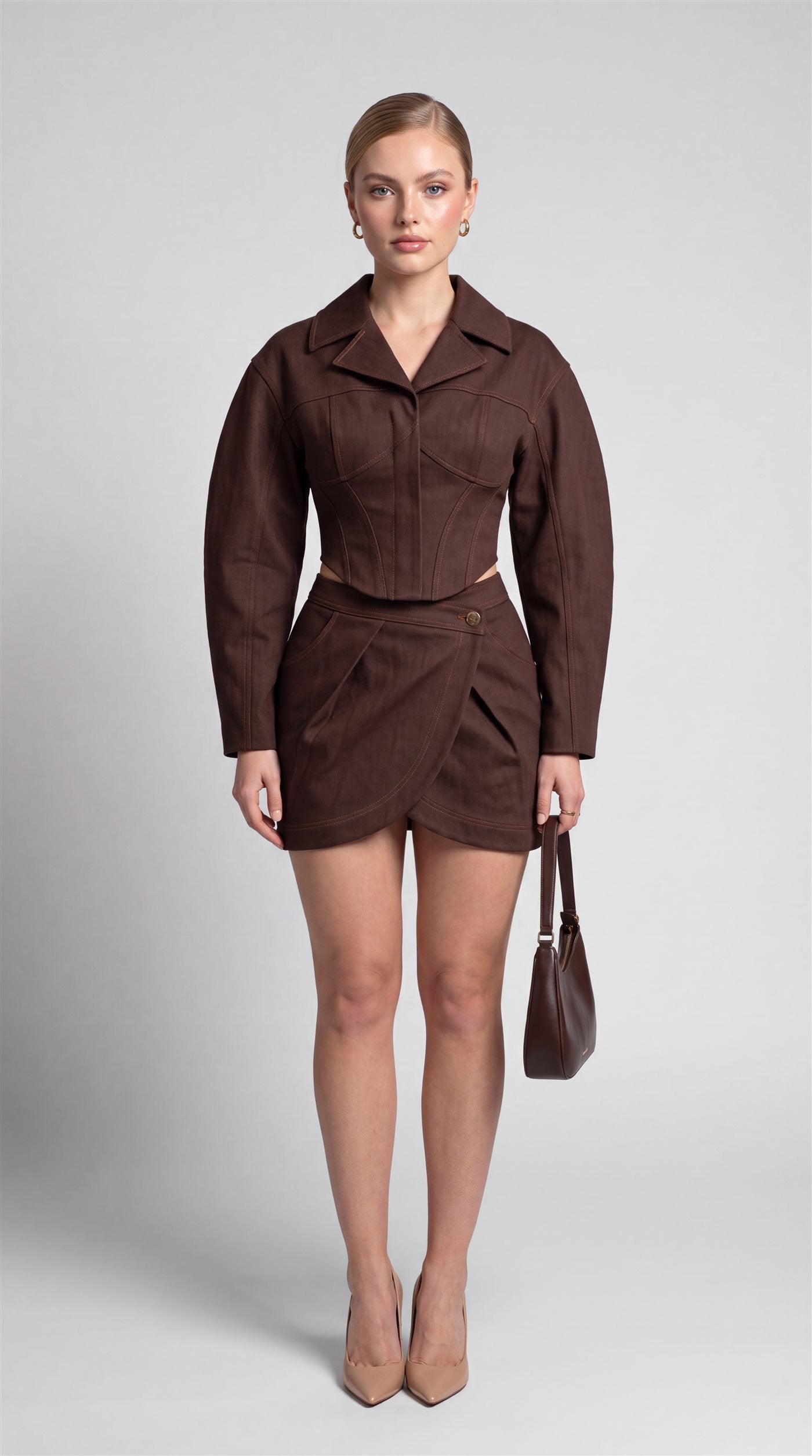 The Corset Wrap Set in chocolate brown, front view