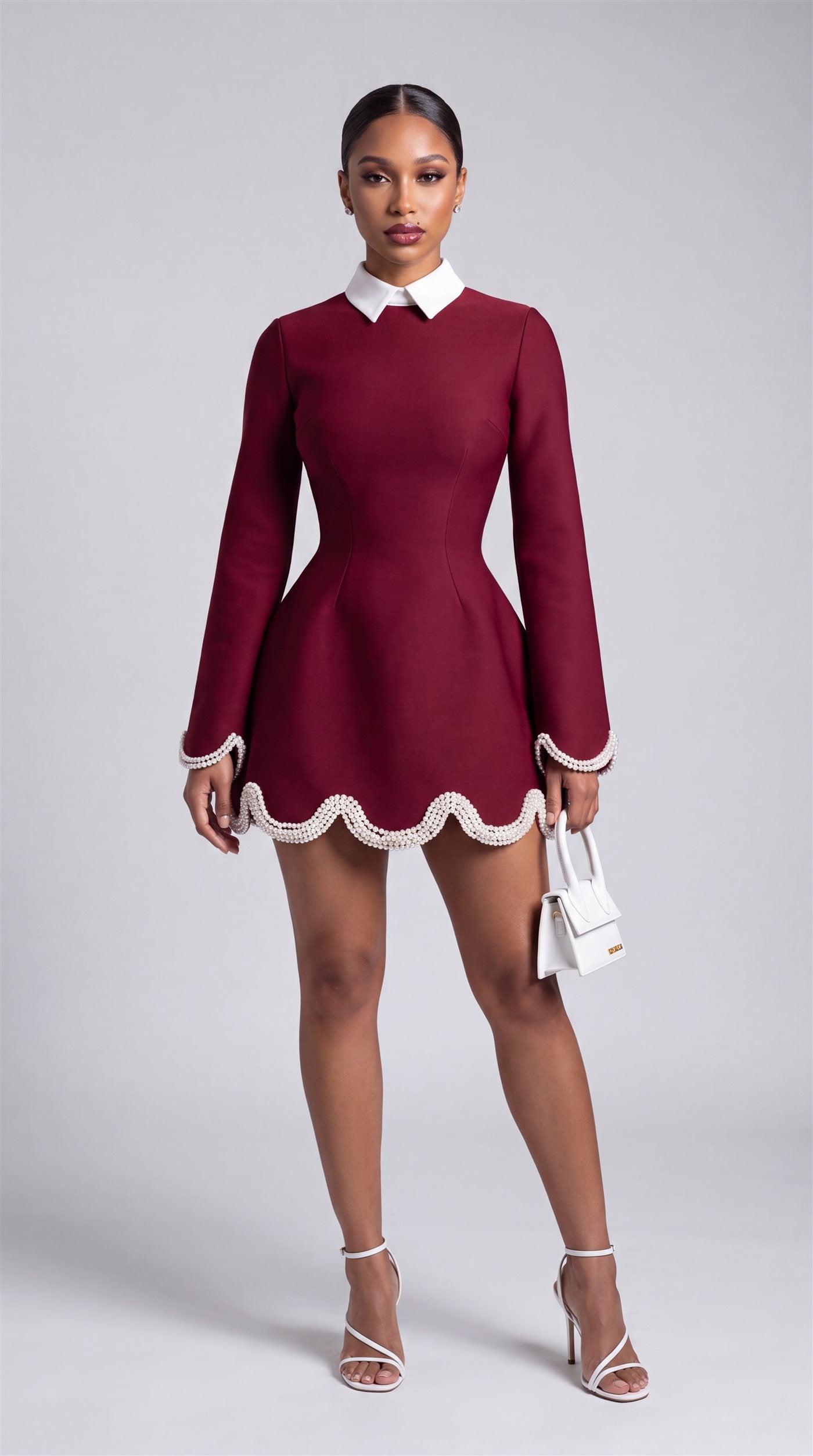 The Pearl Hem Dress in deep burgundy, front view